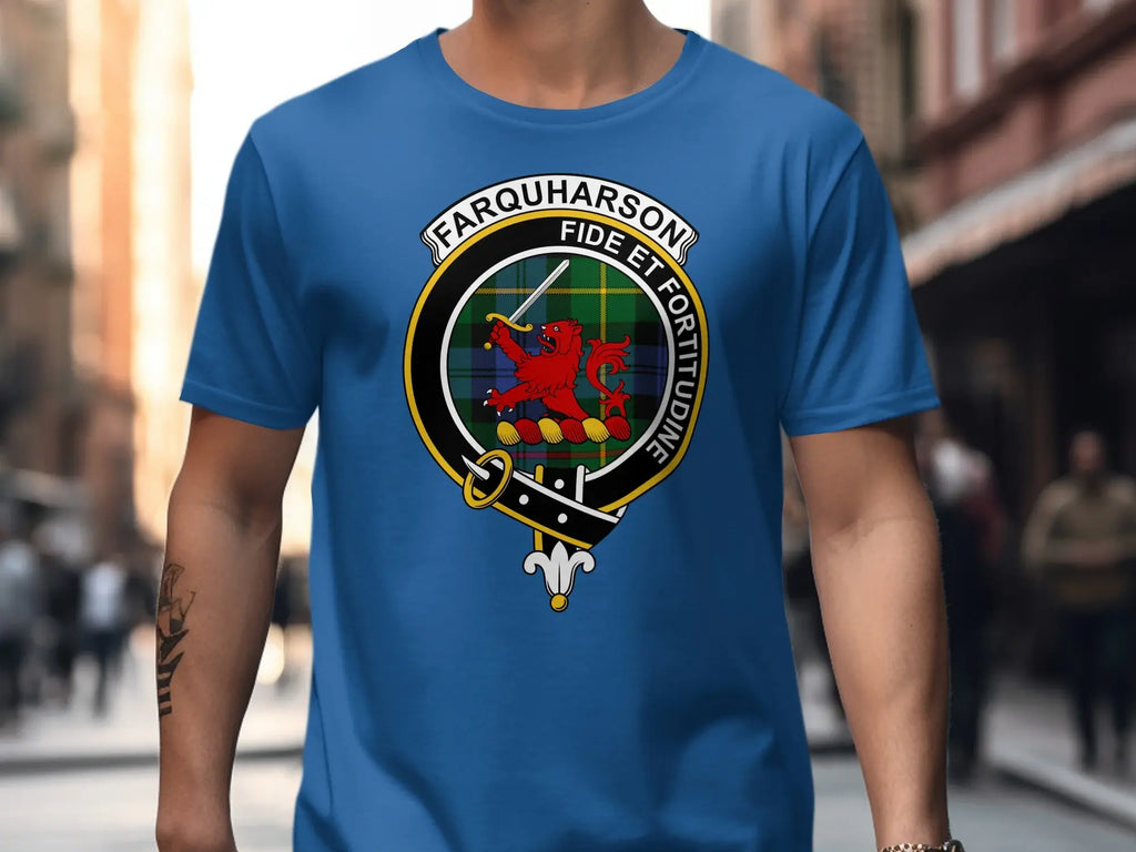 Clan Farquharson coat of arms tee — lifestyle shot, navy, worn front view