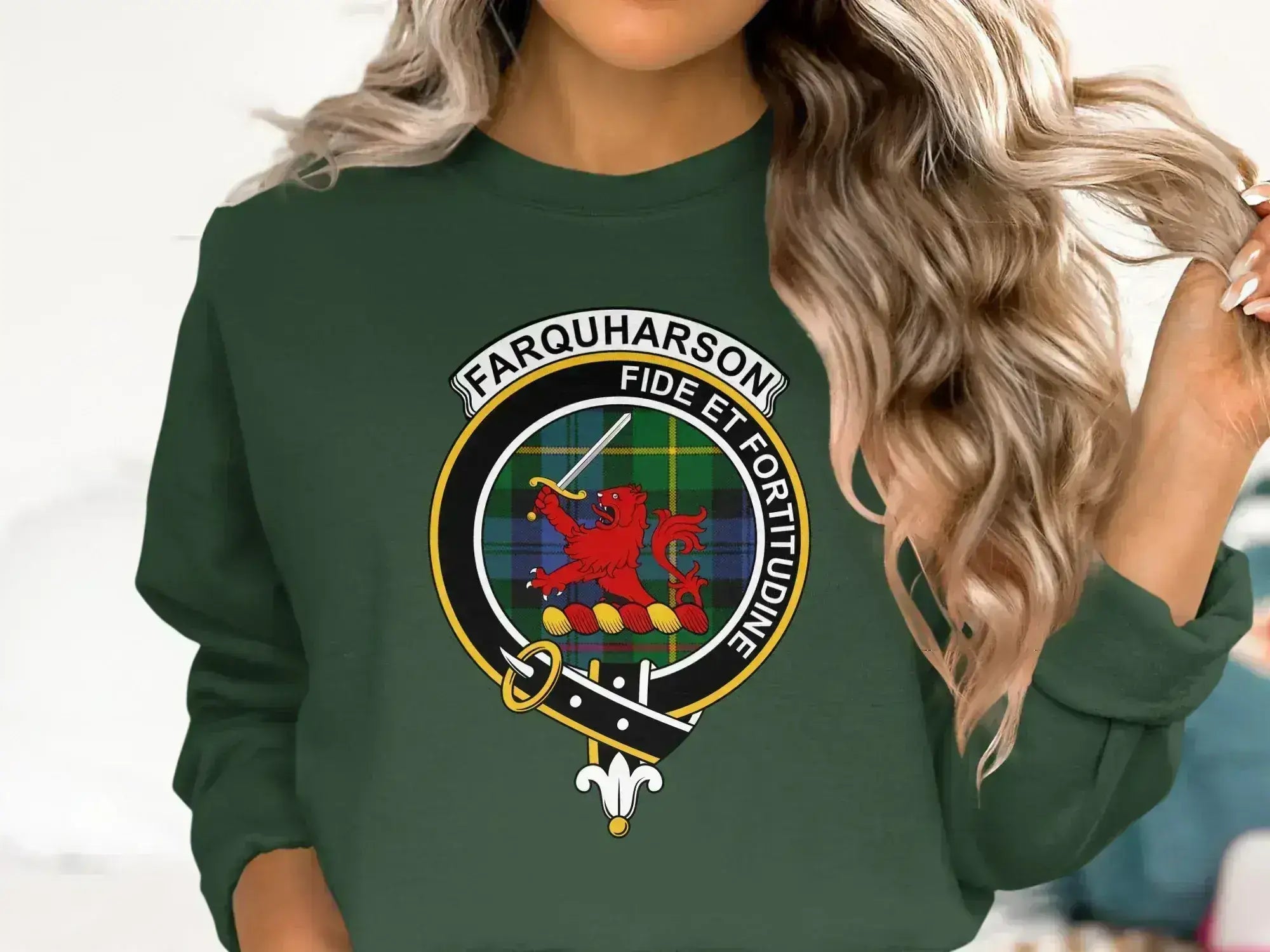 Clan Farquharson crest sweatshirt in navy — crewneck fleece, printed lion crest and tartan