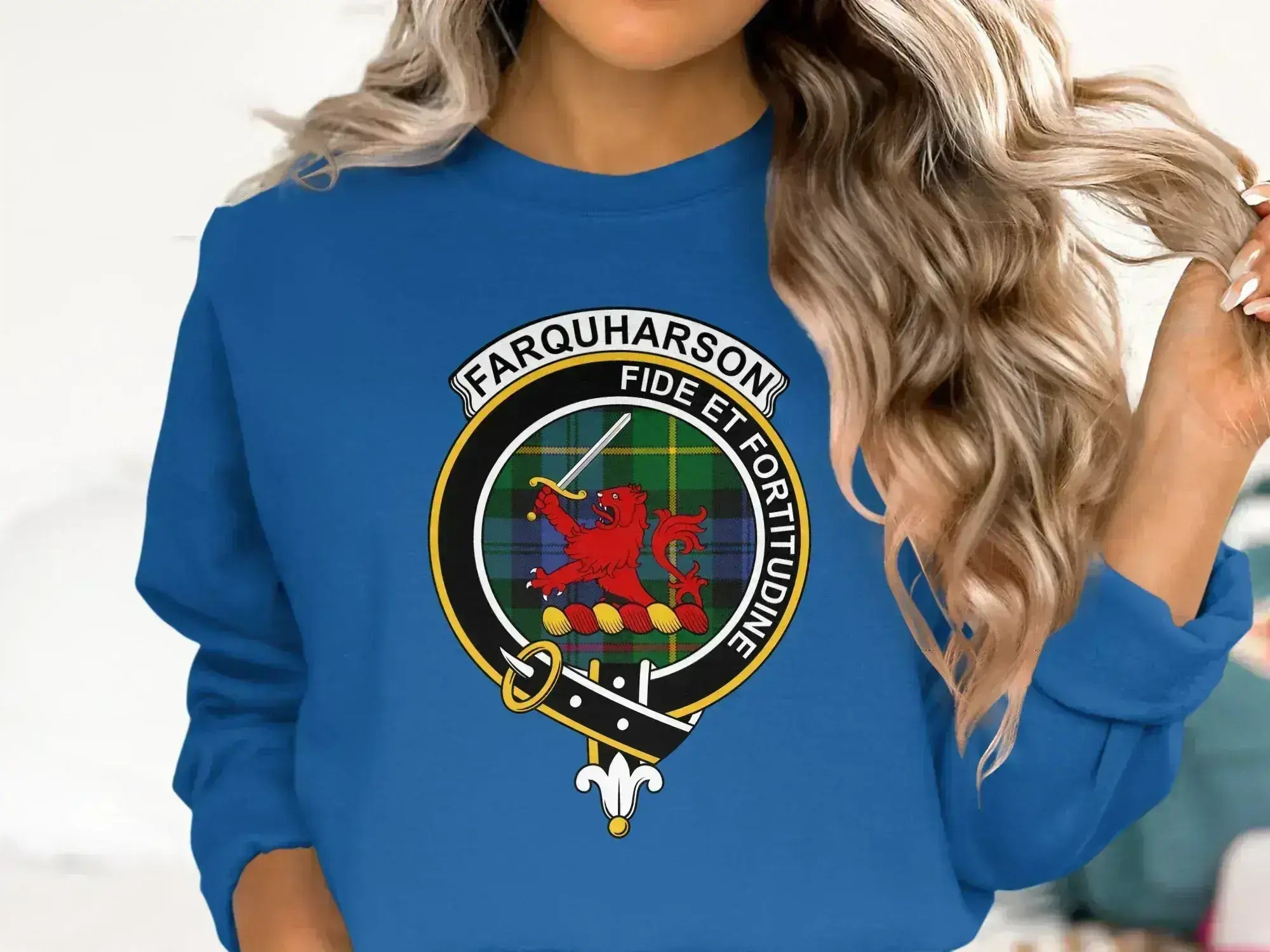Clan Farquharson tartan sweatshirt in forest green — crewneck, crest and motto Fide et Fortitudine