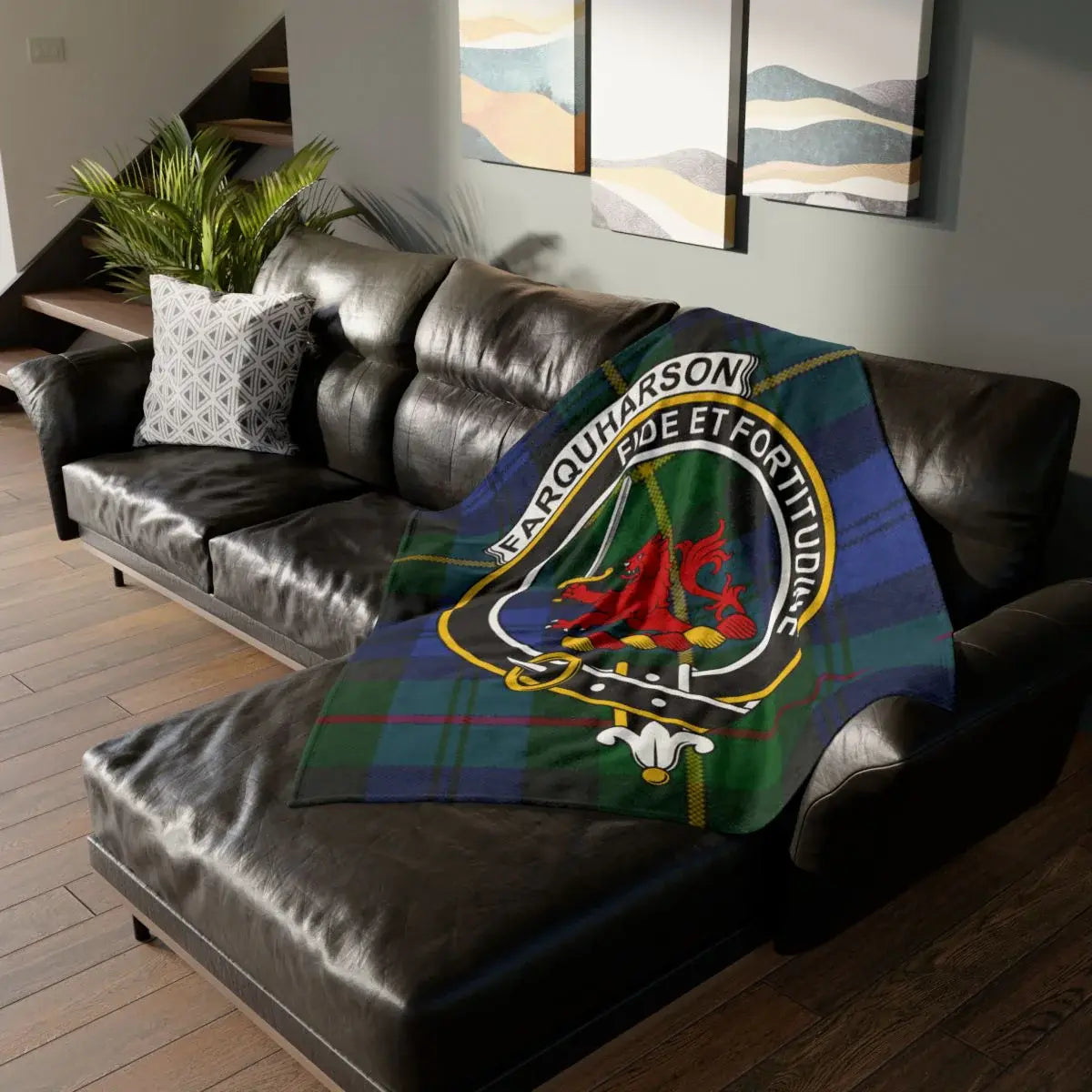 Clan Farquharson tartan throw blanket — 50x60 printed polyester, crest and motto Fide et Fortitudine on front