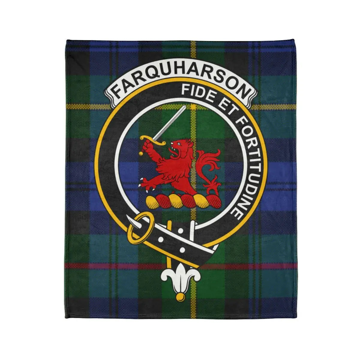 Farquharson tartan throw blanket close-up — clan crest and motto Fide et Fortitudine in full colour