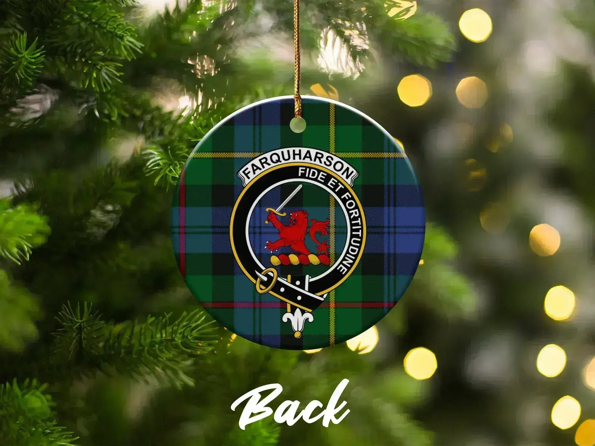 Clan Farquharson Christmas ornament close-up — round ceramic, pre-drilled hole, tartan design