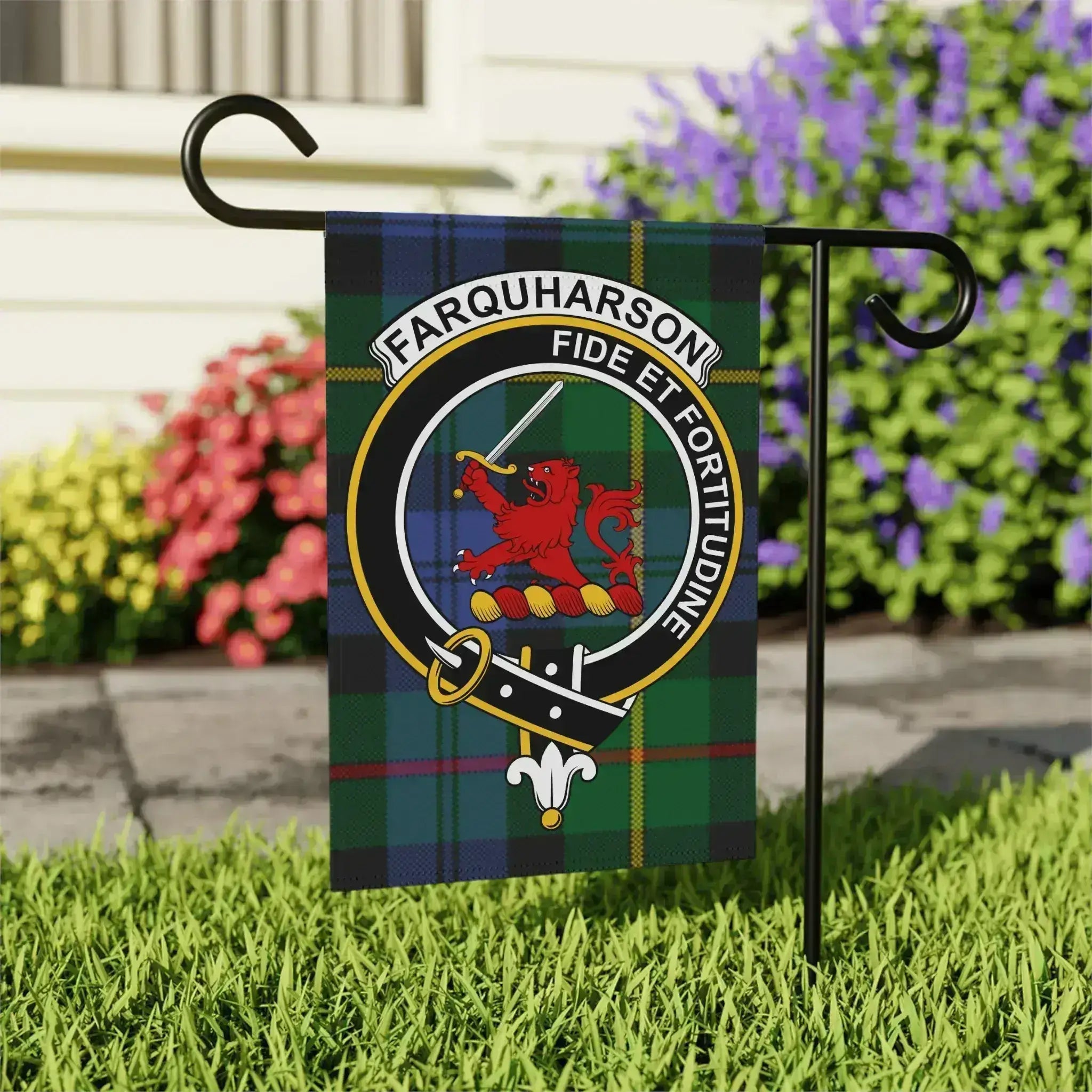 Farquharson Scottish clan crest garden flag in 24.5x32 size — poly poplin-canvas, outdoor display