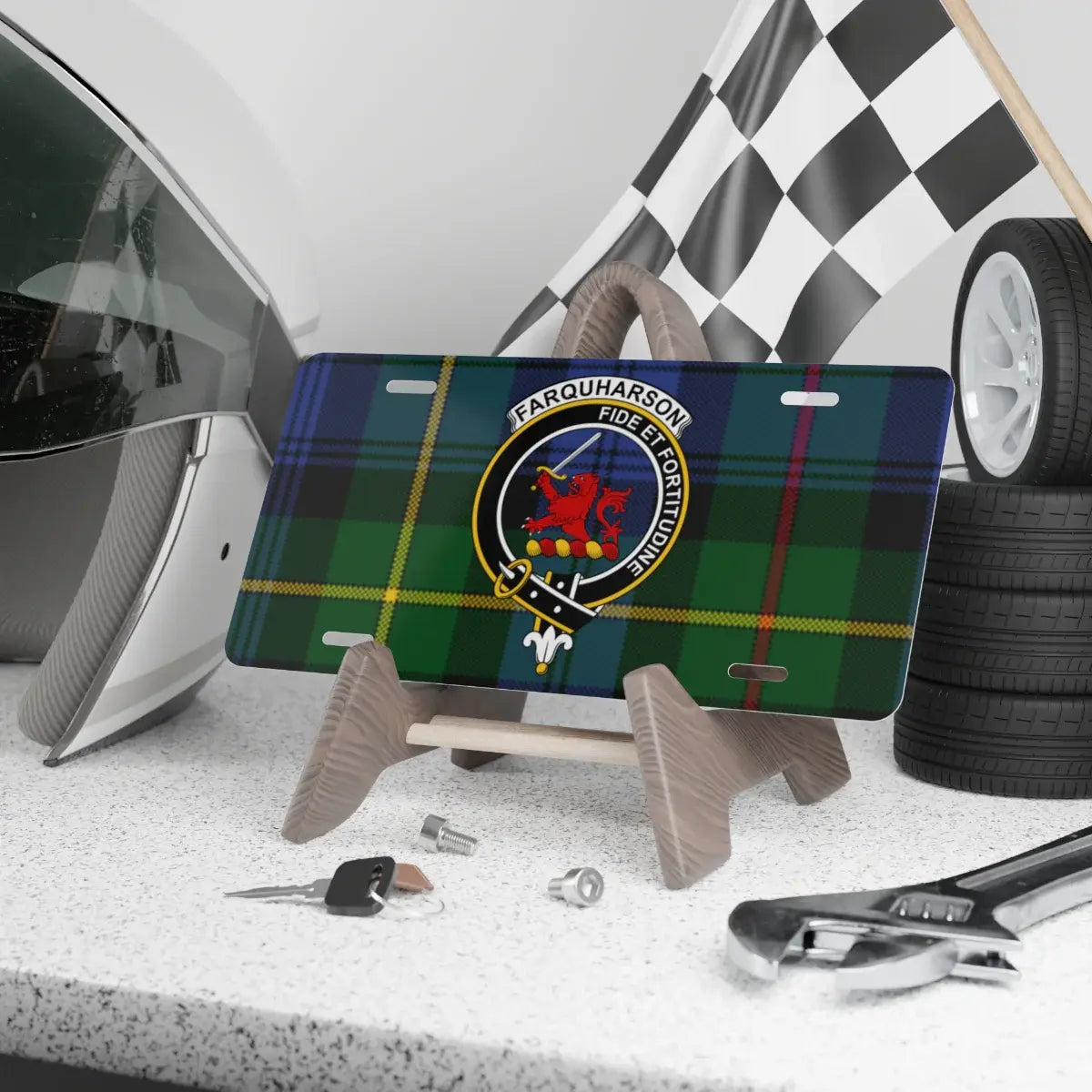 Clan Farquharson tartan novelty license plate — 12x6 aluminium, crest and motto Fide et Fortitudine