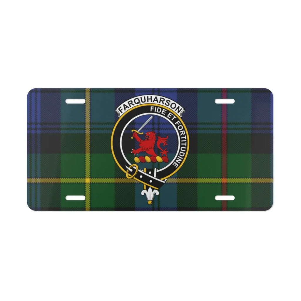 Clan Farquharson Scottish tartan license plate — full-colour crest print, aluminium, wall display
