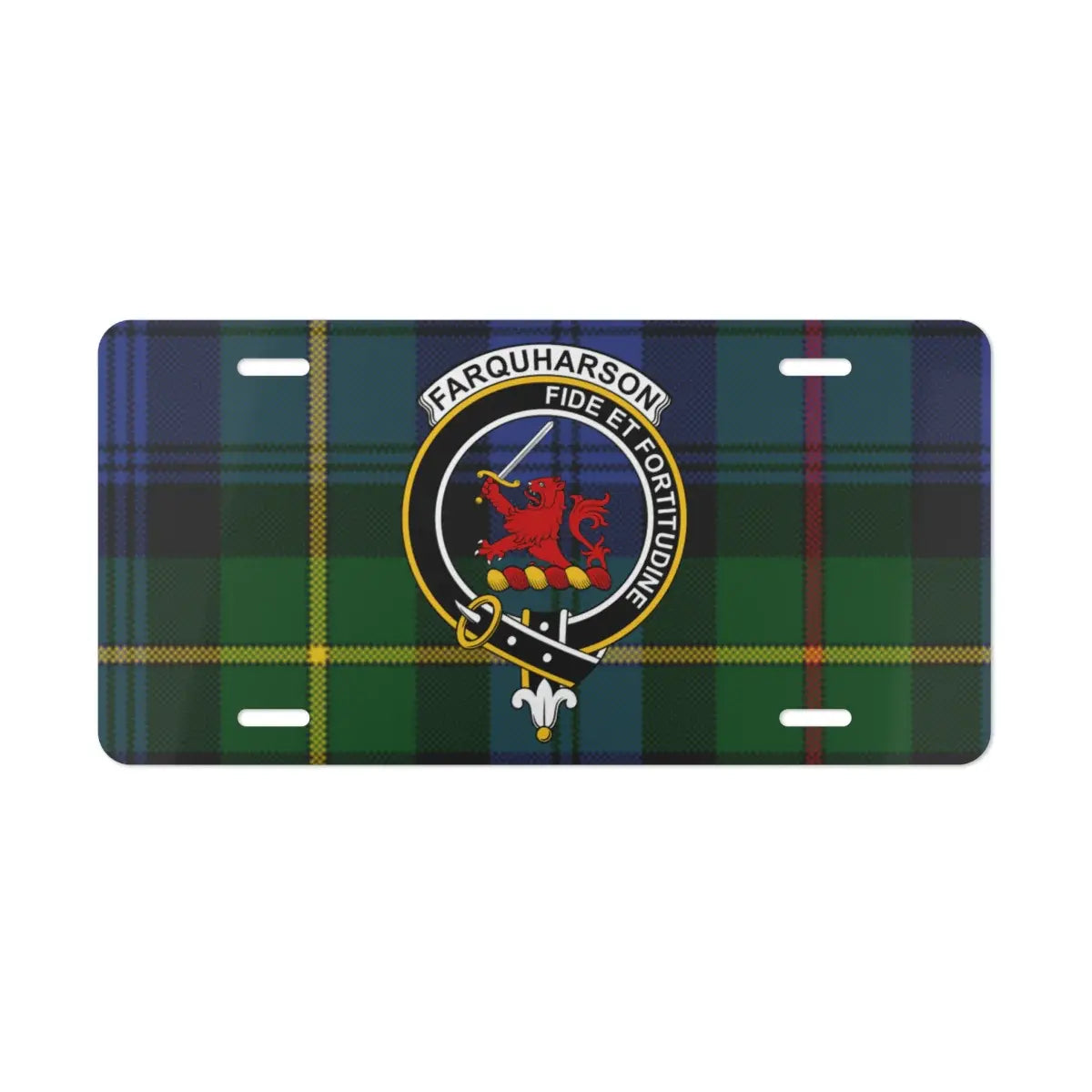Clan Farquharson Scottish tartan license plate — full-colour crest print, aluminium, wall display