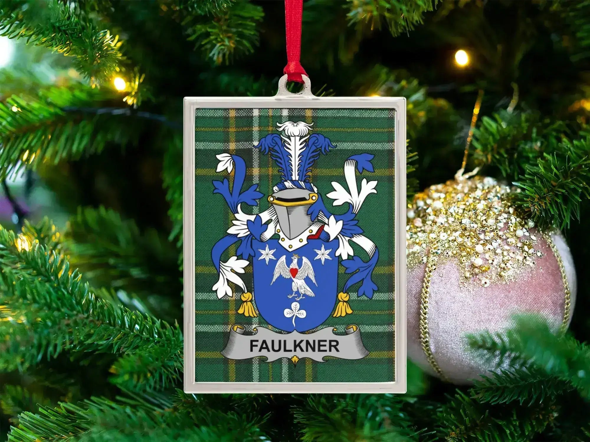 Faulkner Family Crest Green Plaid Christmas Ornament product type