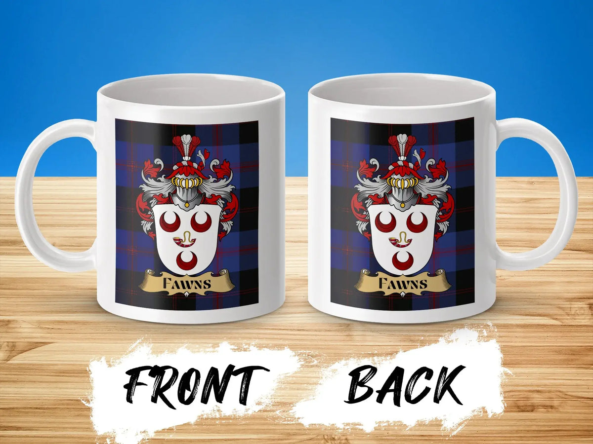 Two Fawns white ceramic mugs showing both sides of the shield-style tartan-background design