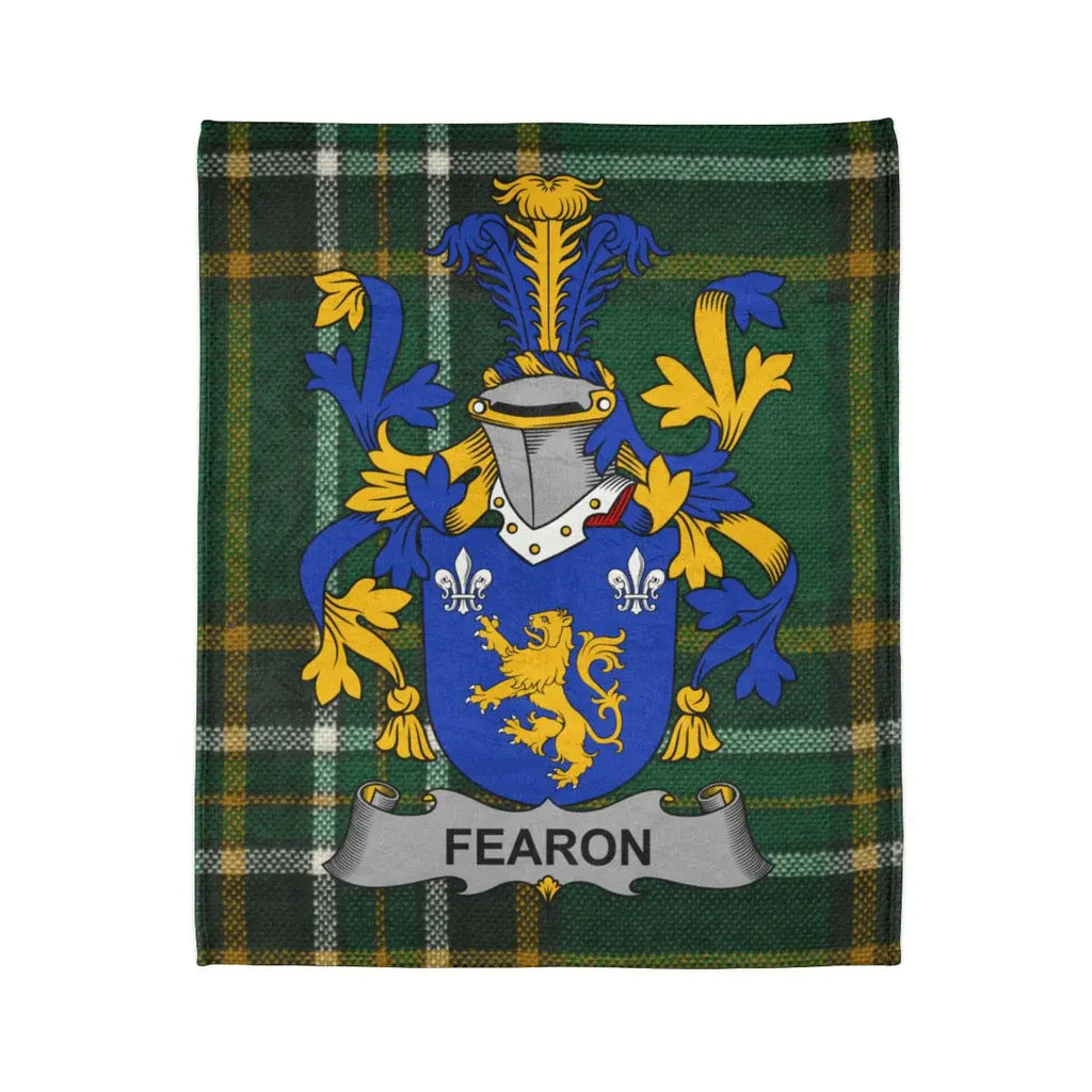 Fearon Family Crest Design on Plaid Background Blanket