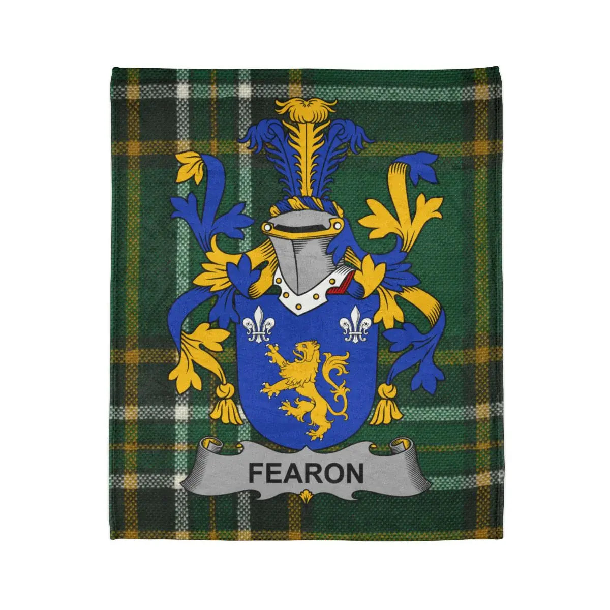 Fearon Family Crest Design on Plaid Background Blanket