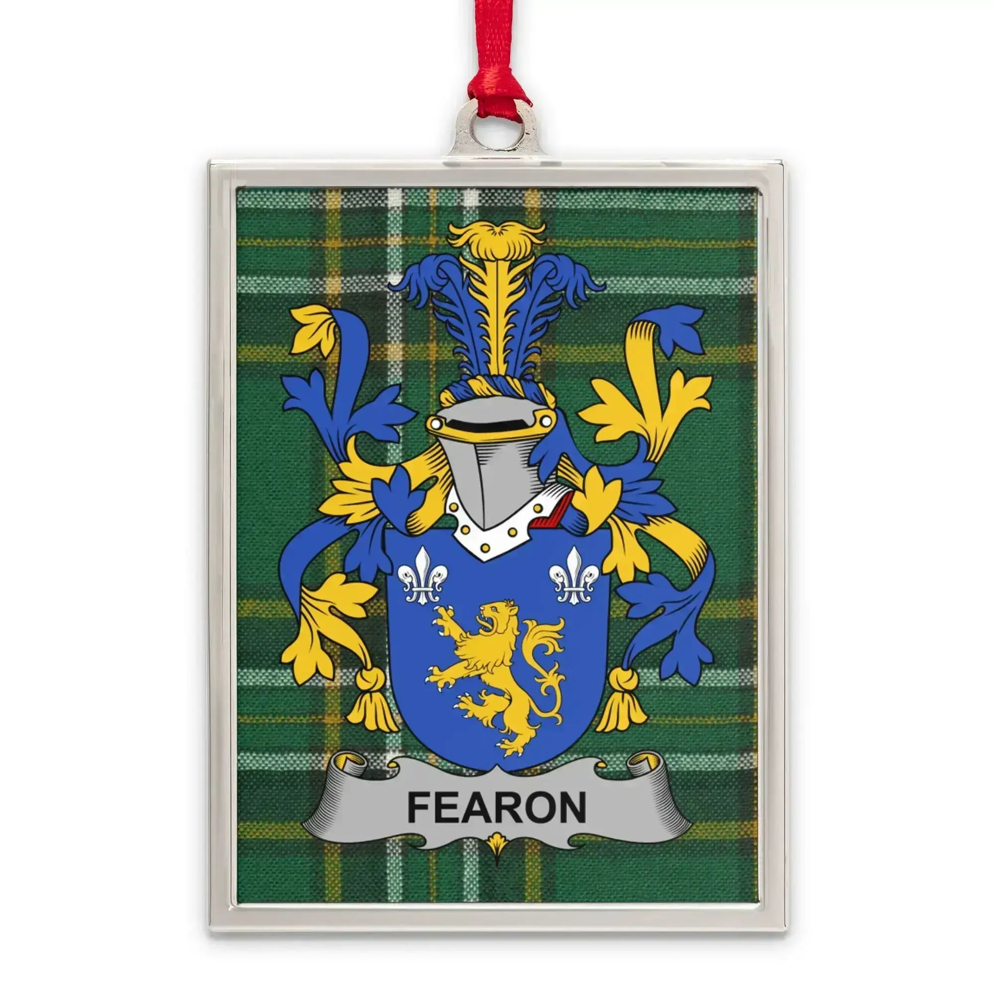 Fearon Family Crest Displayed on a Tartan Background product type
