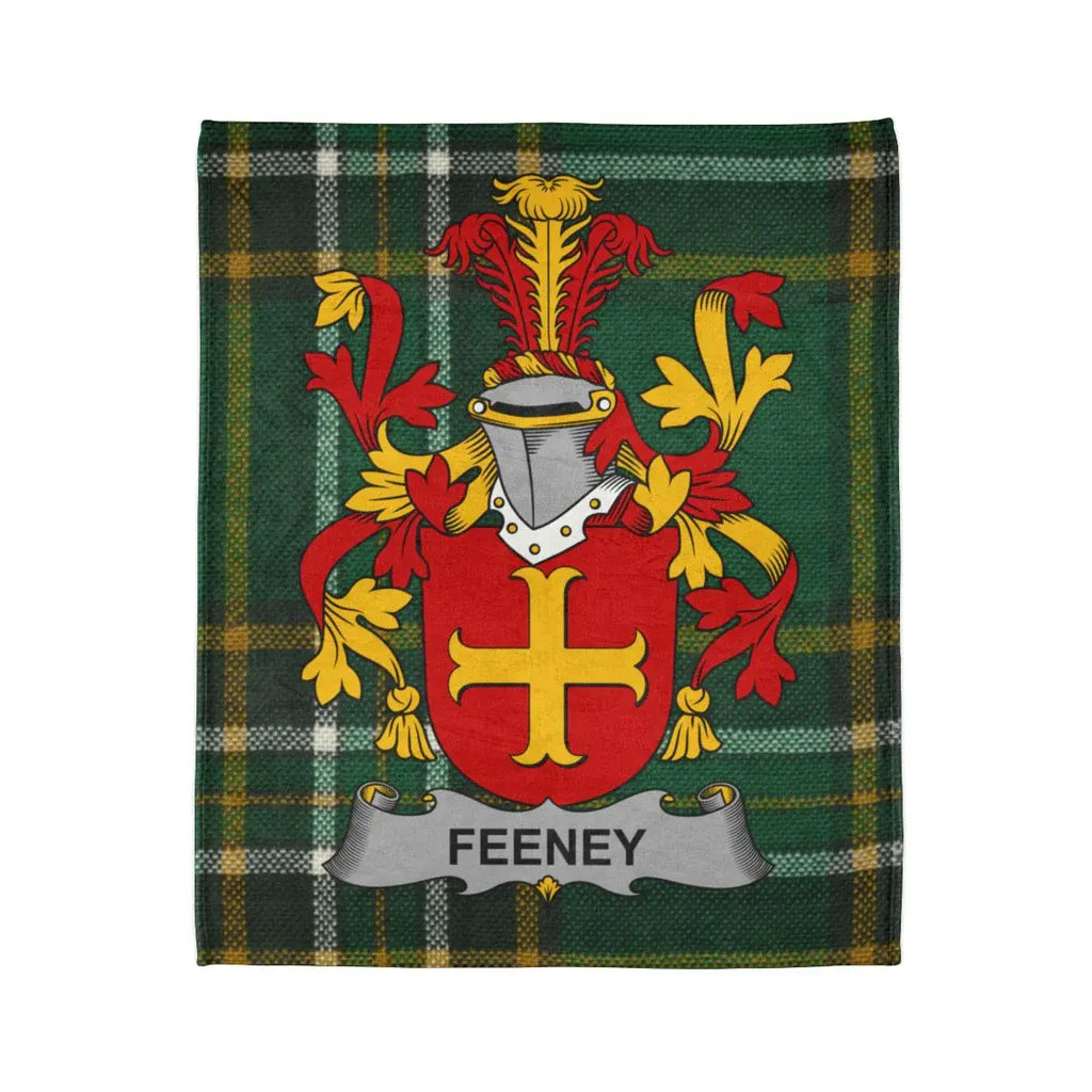 Feeney Family Crest Emblem on Green Plaid Blanket