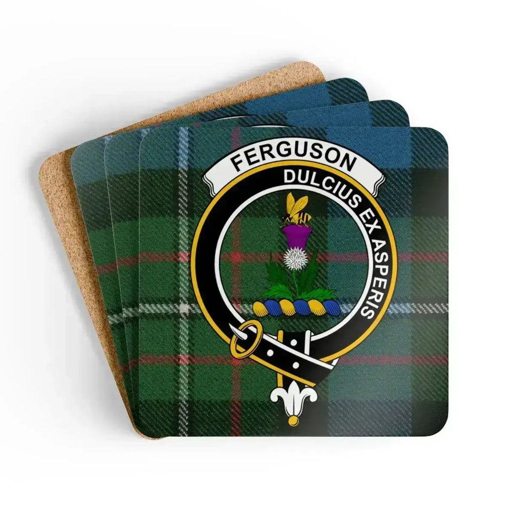 Ferguson clan crest tartan coaster set of 4 — natural cork squares with sealed Dulcius Ex Asperis design