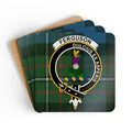 Ferguson clan crest tartan coaster set of 4 — natural cork squares with sealed Dulcius Ex Asperis design