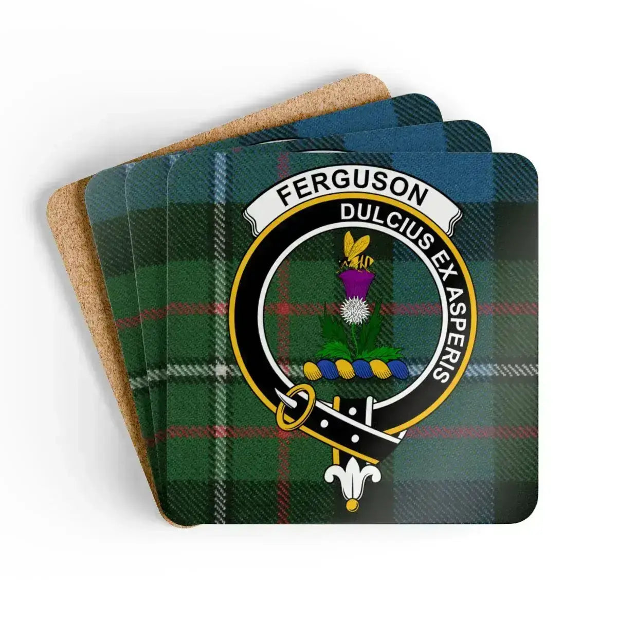 Ferguson clan crest tartan coaster set of 4 — natural cork squares with sealed Dulcius Ex Asperis design