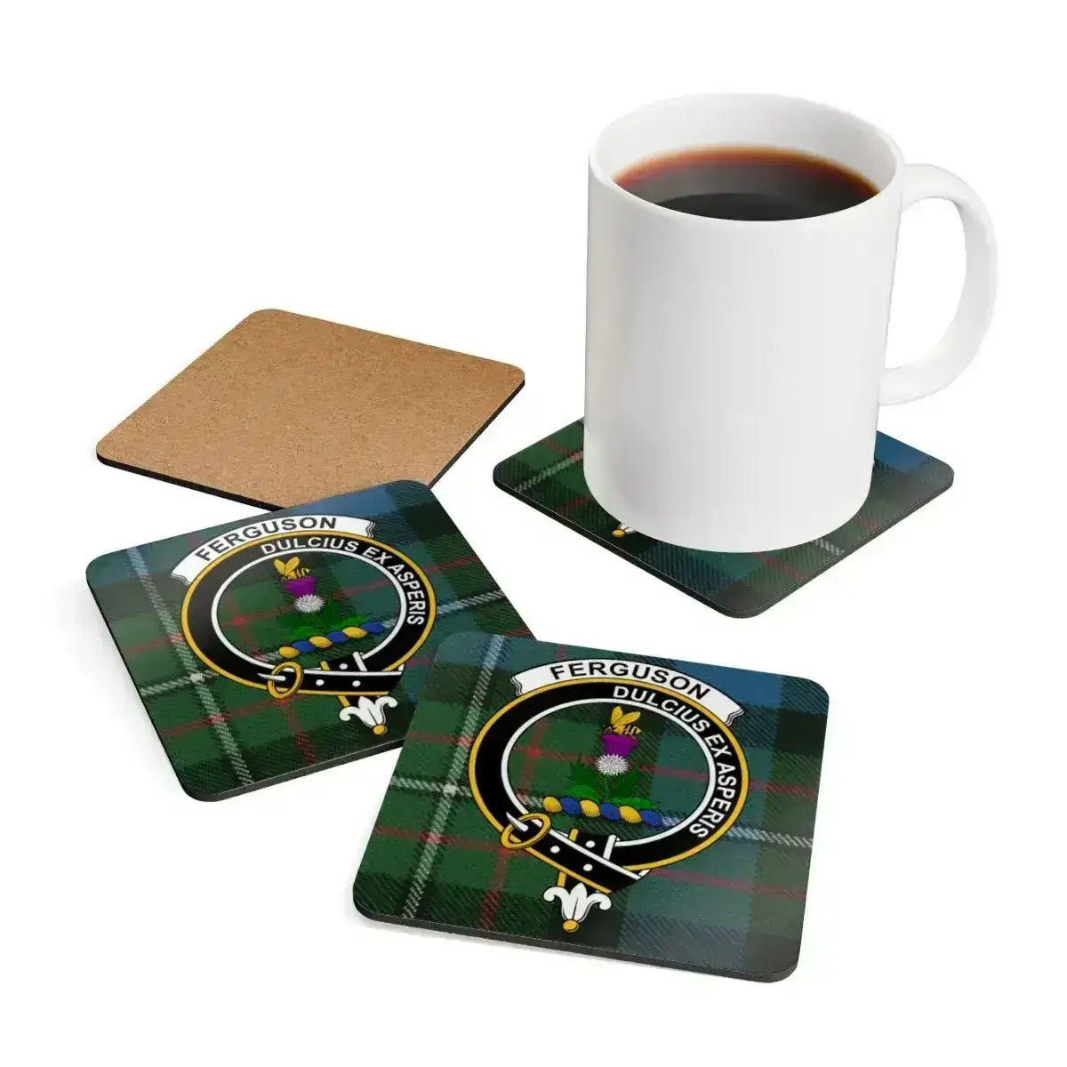 Ferguson clan crest designed coaster set — 3.75-inch corkwood with glossy sealed tartan print