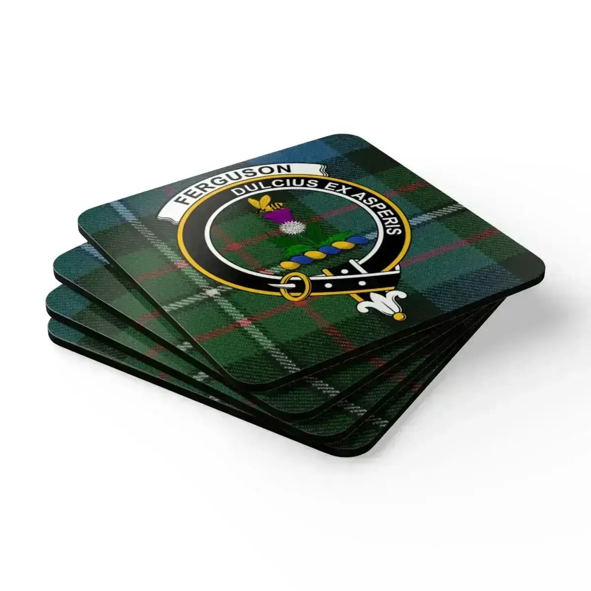 Ferguson plaid crest design coaster set — four natural cork squares with heraldic design