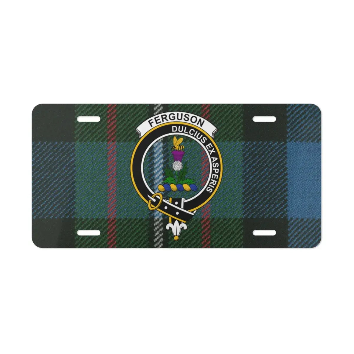 Ferguson Dulcius Ex Asperis plaid novelty plate — clan crest design on aluminium