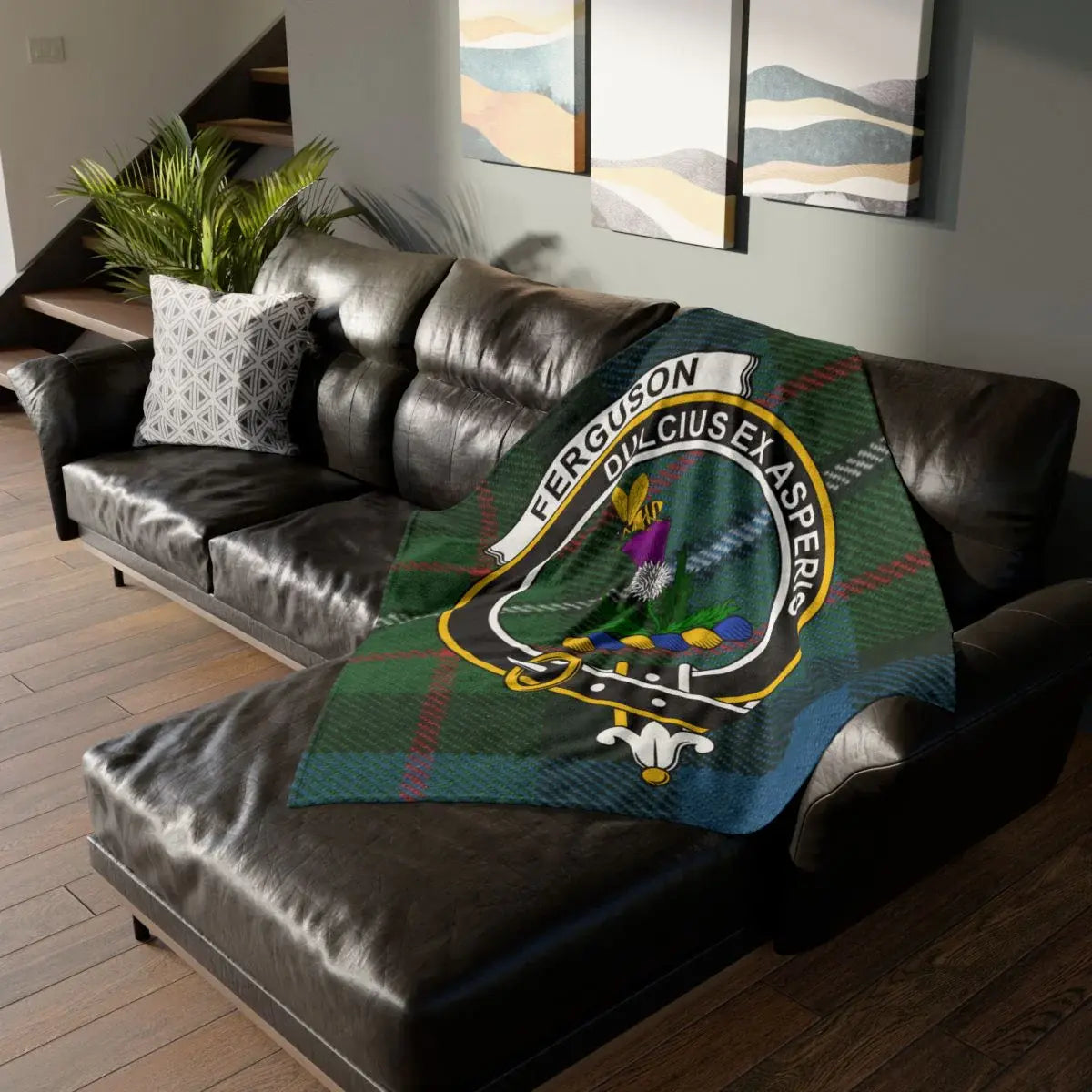 Ferguson clan crest throw blanket on sofa — 50x60 polyester, Dulcius Ex Asperis tartan design