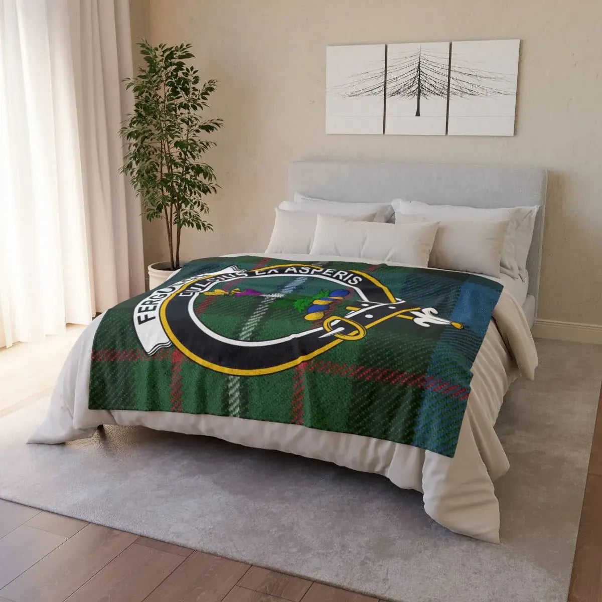 Ferguson clan crest tartan throw blanket on bed — lightweight polyester, cosy and practical