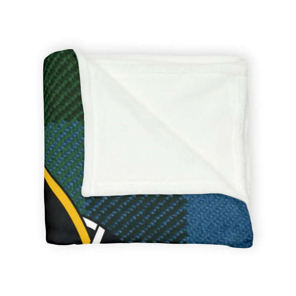 Ferguson clan crest throw blanket laid flat — 100% polyester, 50x60, checkered tartan pattern