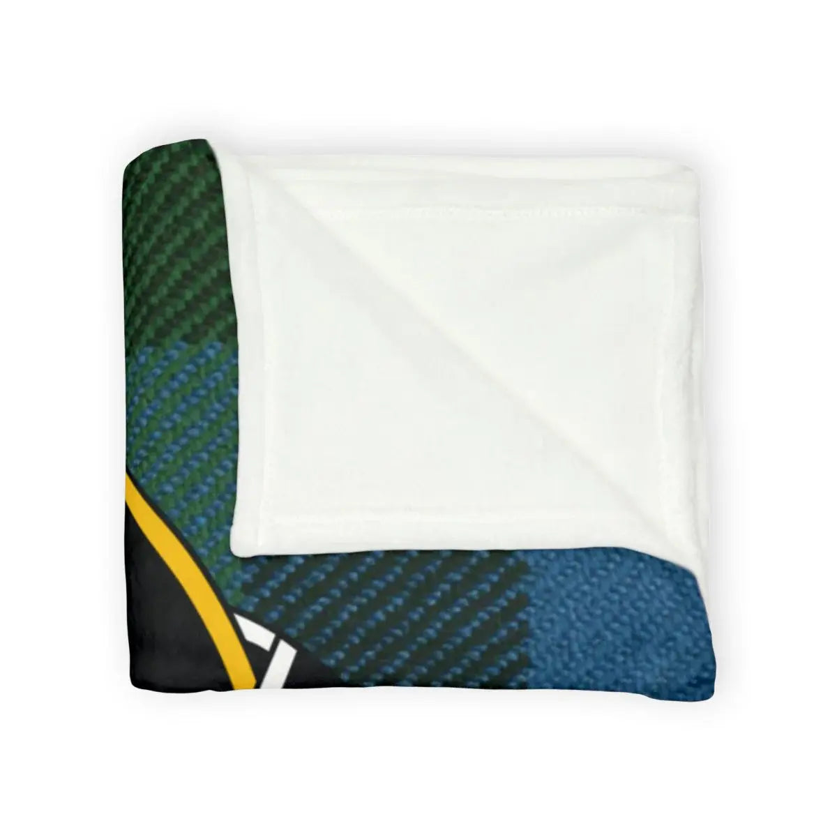 Ferguson clan crest throw blanket laid flat — 100% polyester, 50x60, checkered tartan pattern