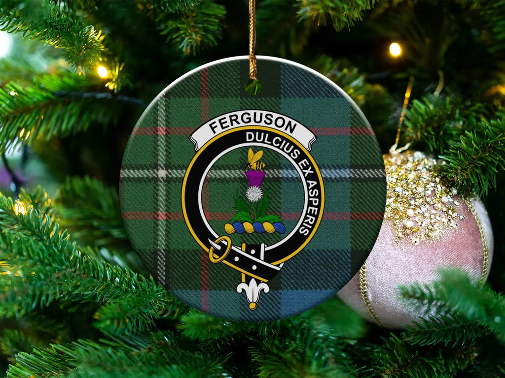 Ferguson clan tartan ceramic ornament — 3-inch round glossy disc with crest and Dulcius Ex Asperis motto