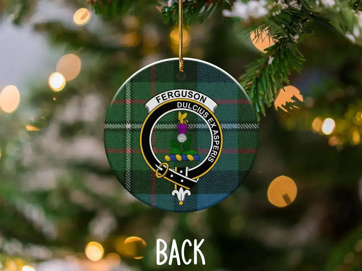 Ferguson clan tartan Christmas ornament — 3-inch ceramic with gold hanging string and heraldic crest
