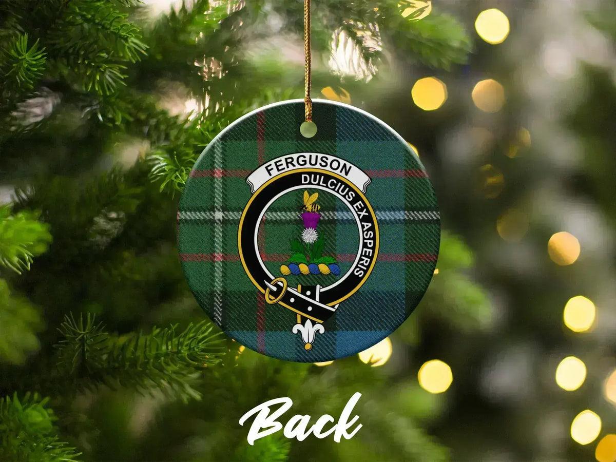 Ferguson family crest tartan ornament — glossy ceramic, double-sided design, 3-inch disc