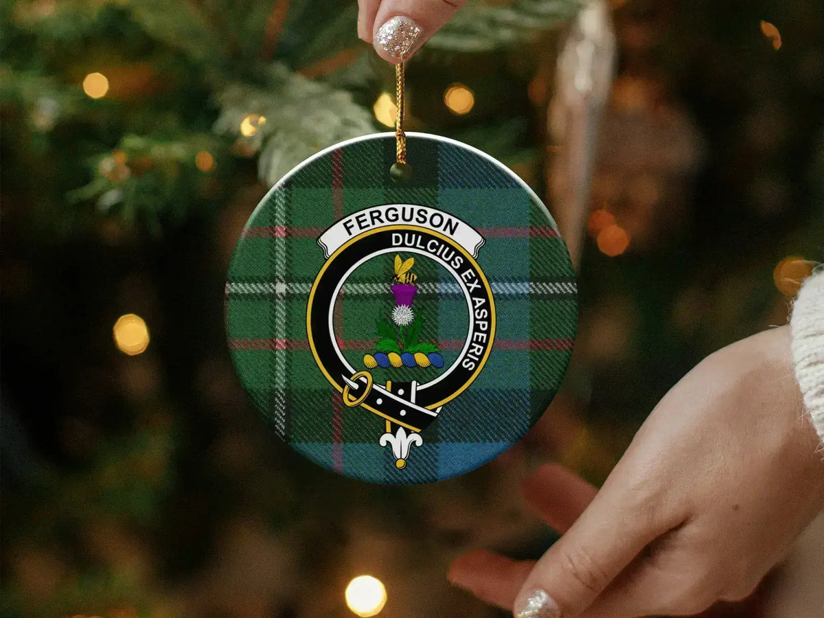 Ferguson clan crest ornament close-up — Dulcius Ex Asperis detail on glossy 3-inch ceramic disc