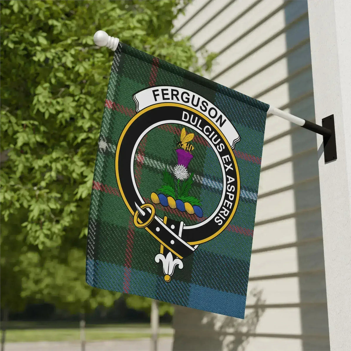 Ferguson clan crest tartan garden flag 12x18 inches — poly poplin-canvas with Dulcius Ex Asperis design