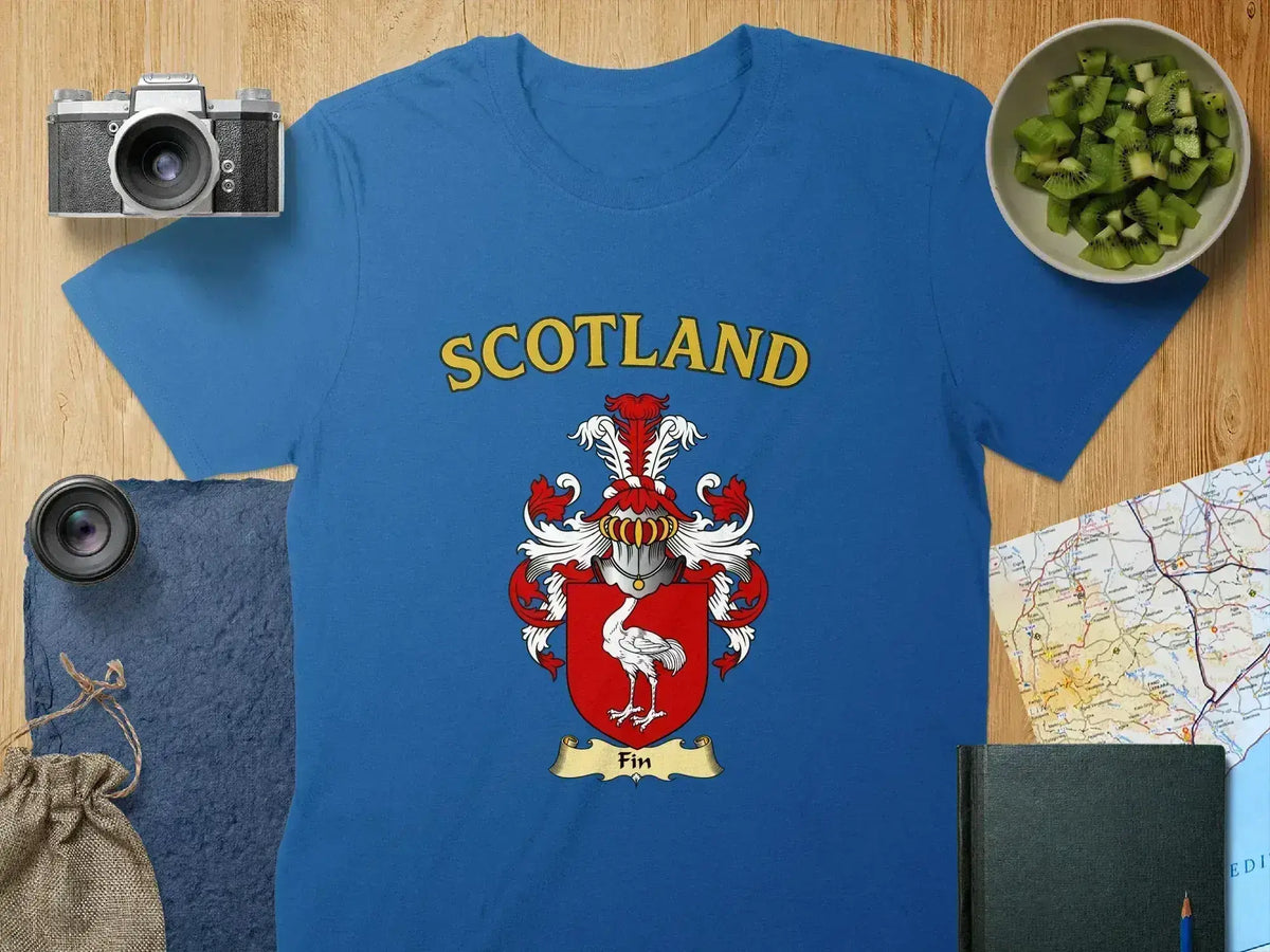 Fin Scottish clan crest t-shirt — tartan-background design