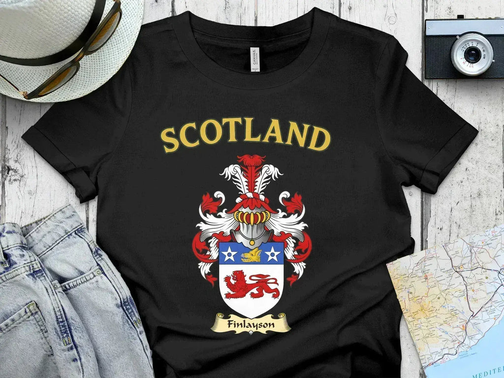 Finlayson Scottish clan crest t-shirt — front view with clan motto Sin Dread on a tartan background