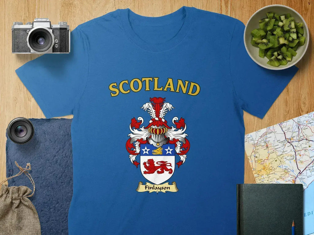 Finlayson Scottish clan crest t-shirt — tartan-background design