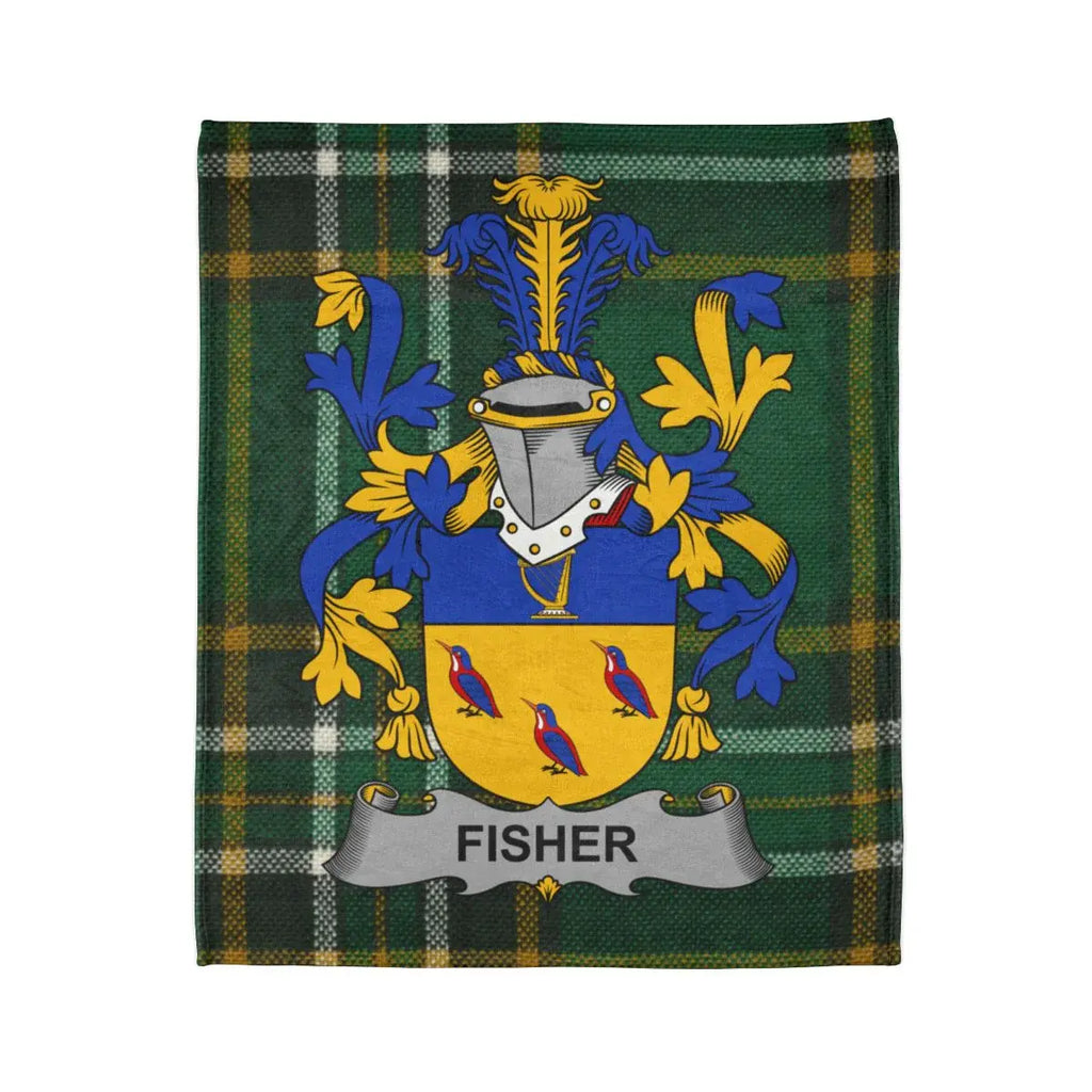 Fisher Family Crest on Green Plaid Background Blanket
