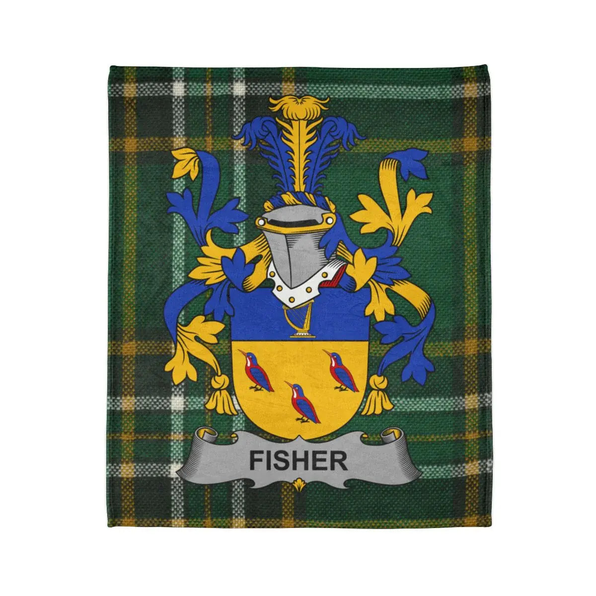 Fisher Family Crest on Green Plaid Background Blanket