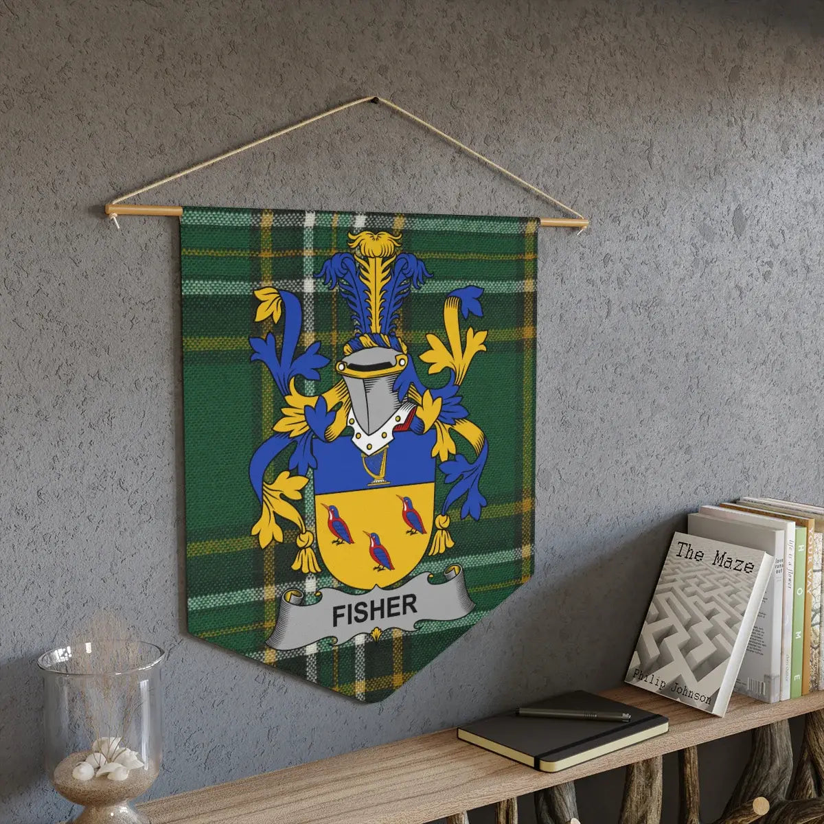 Fisher Irish family crest wall pennant — crest on the Irish national tartan