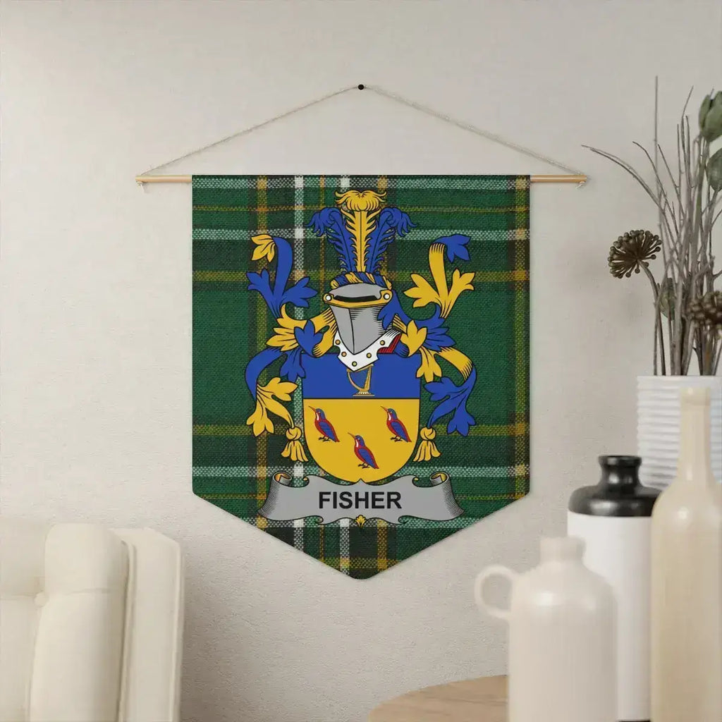 Fisher Irish family crest wall pennant — tartan wall hanging display