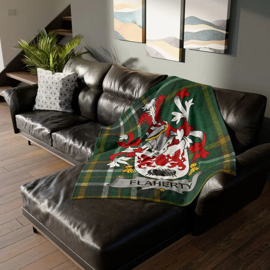 Flaherty Crest Green Tartan Throw Blanket for Sofa