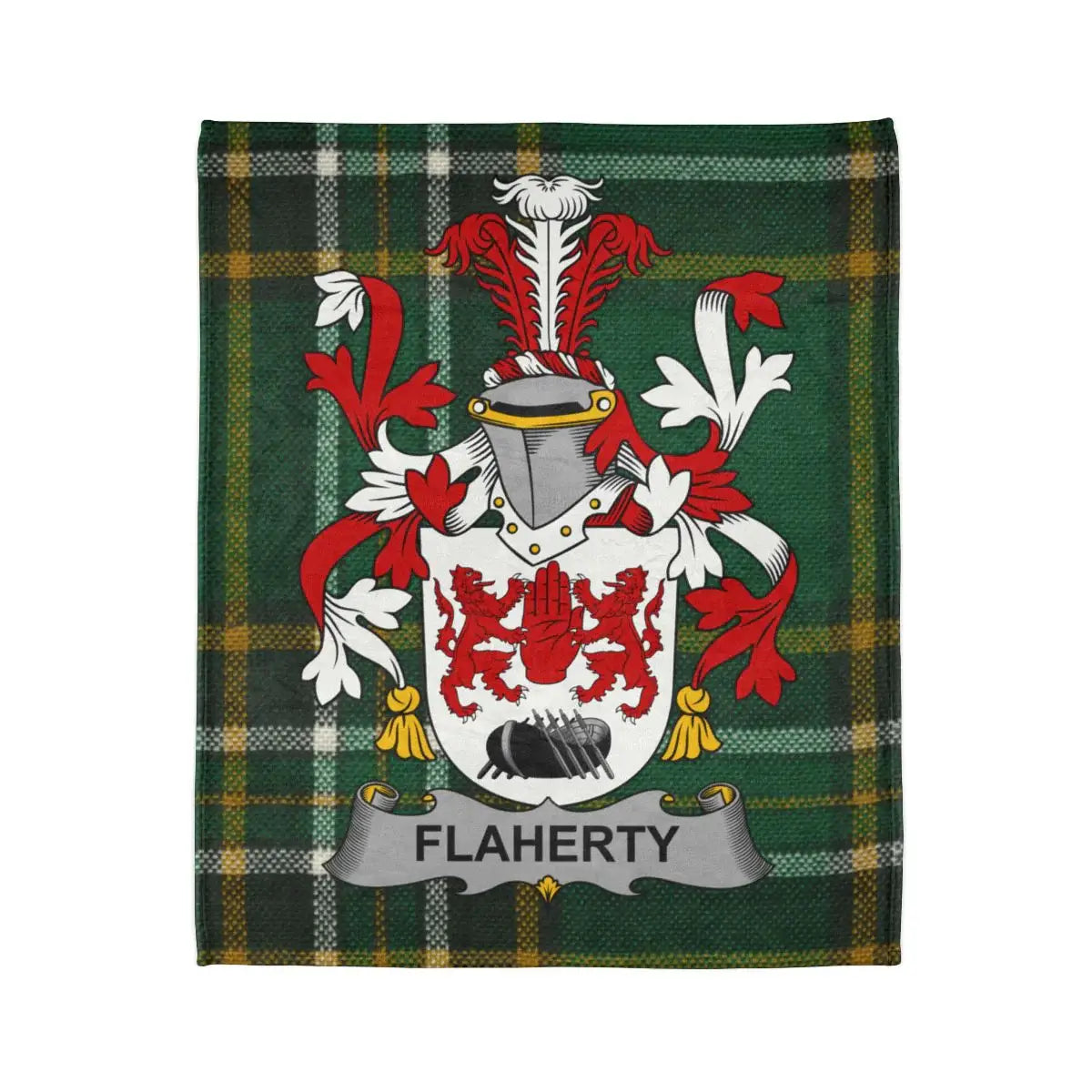 FLAHERTY Family Crest on Tartan Design Blanket