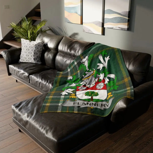 Personalized Flannery Family Crest Green Tartan Blanket