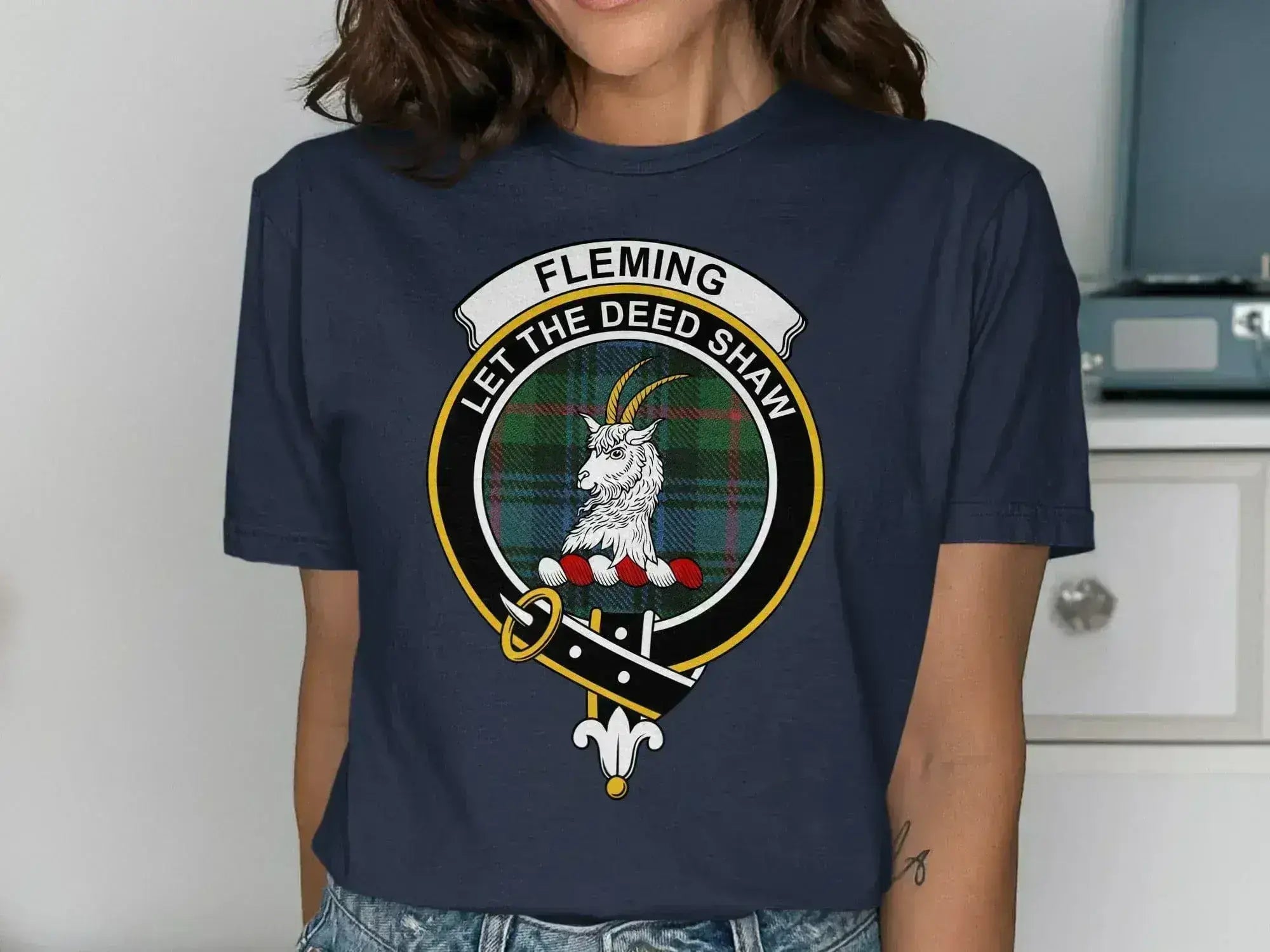 Fleming clan crest tee in black — soft cotton, front graphic, relaxed unisex fit