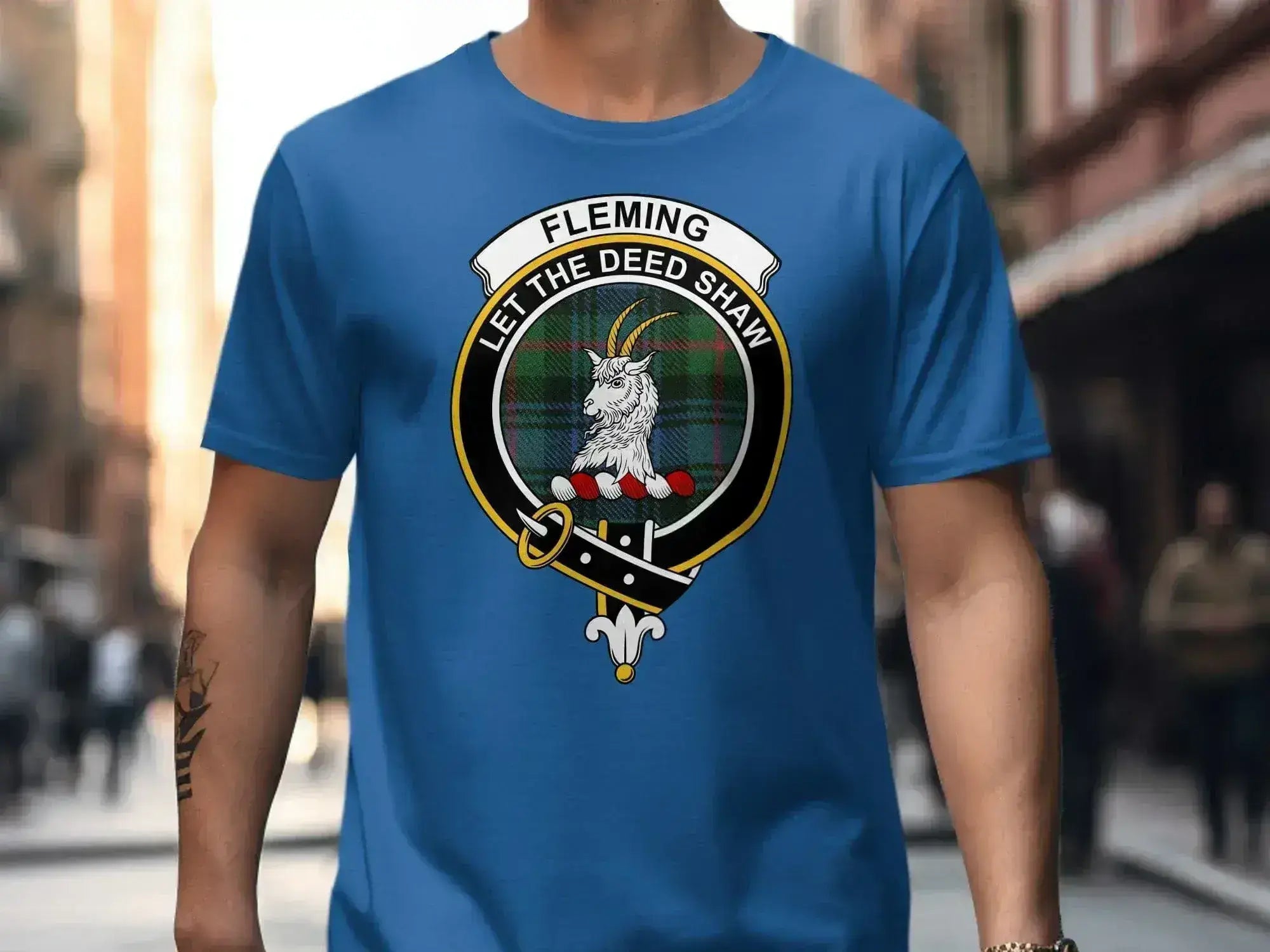 Clan Fleming coat of arms tee — lifestyle shot, navy, worn front view