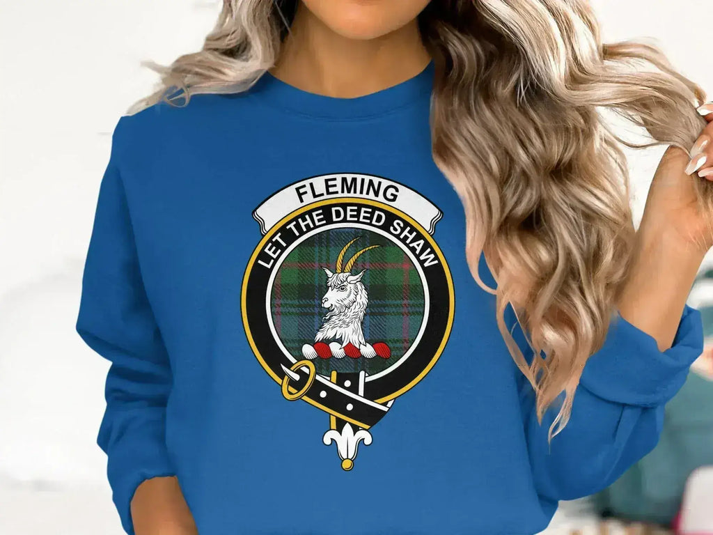 Clan Fleming tartan sweatshirt in forest green — crewneck, crest and motto Let the Deed Shaw