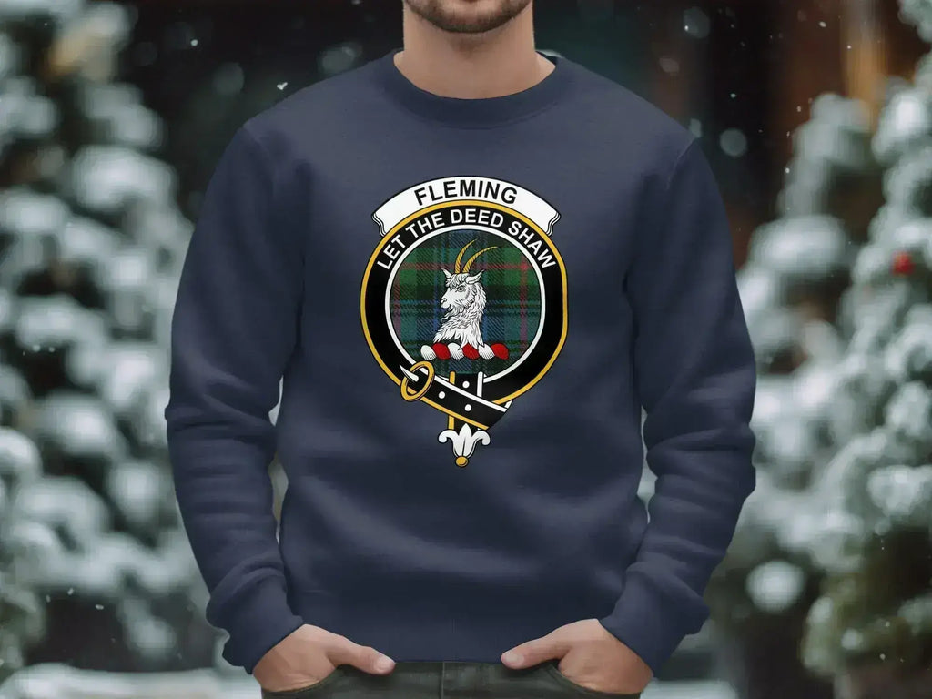 Fleming clan crest crewneck sweatshirt in royal blue — heavyweight fleece, S to 3XL