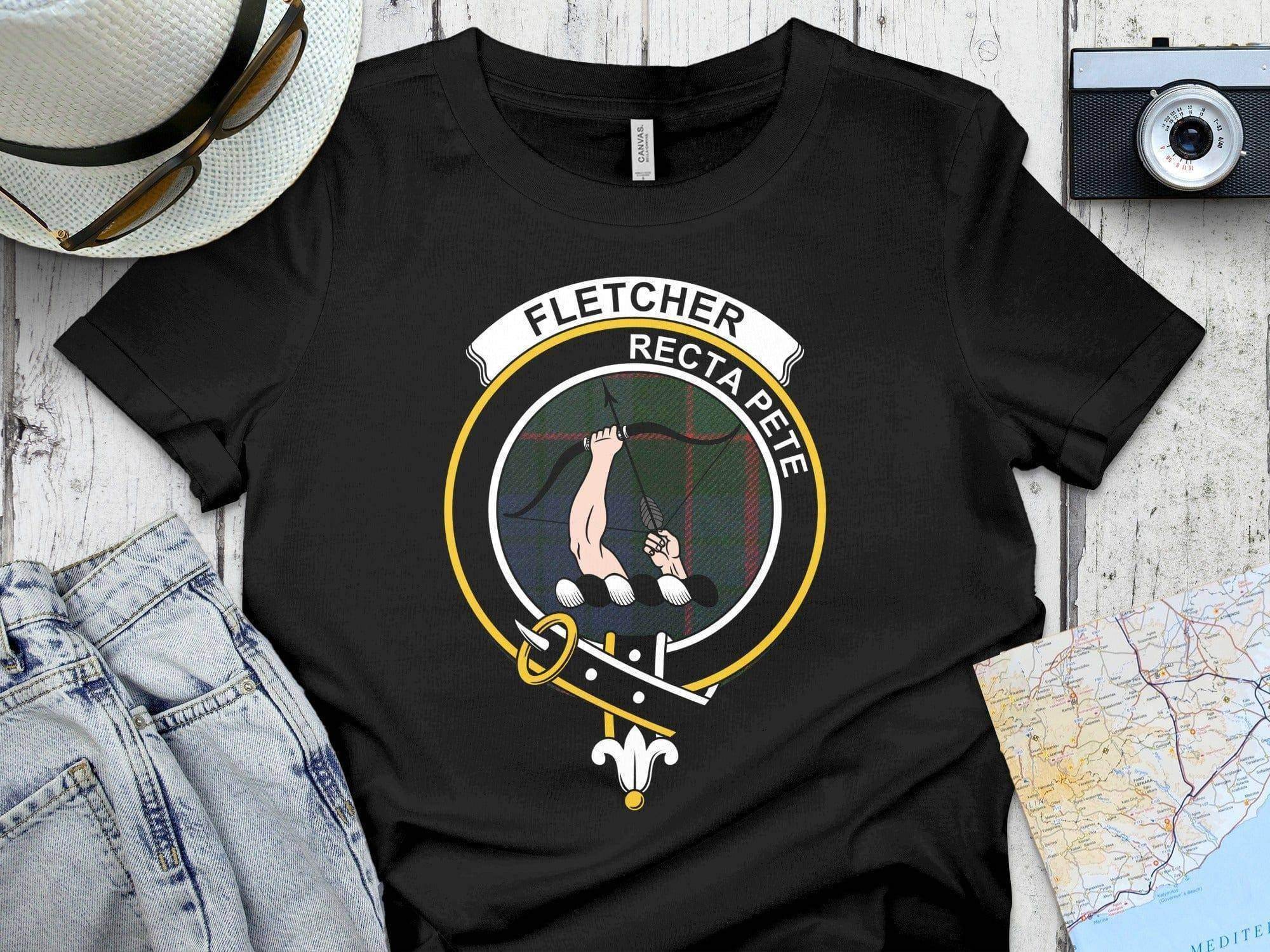 Fletcher clan crest tartan t-shirt — Recta Pete heraldic design on 100% cotton