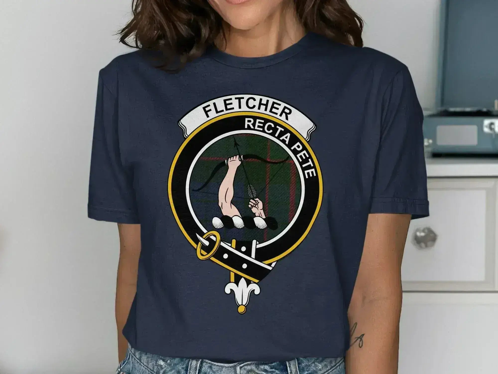 Fletcher Recta Pete graphic t-shirt in navy — clan crest on chest, unisex cotton fit