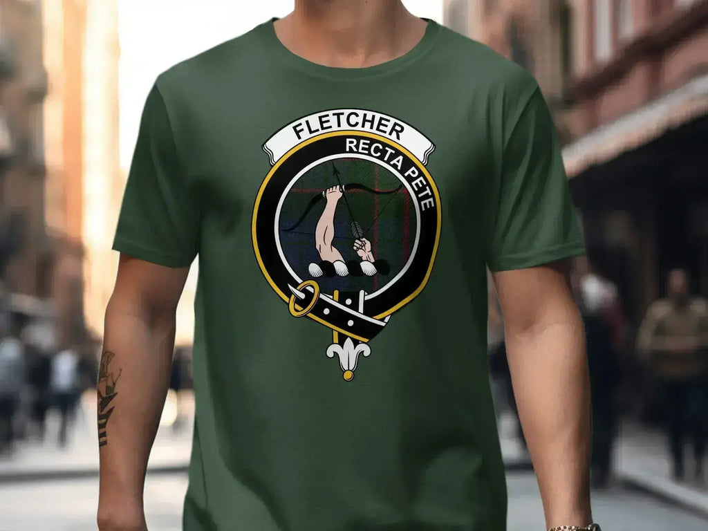 Fletcher clan crest tartan t-shirt in black — Seek for Right heraldic design on cotton
