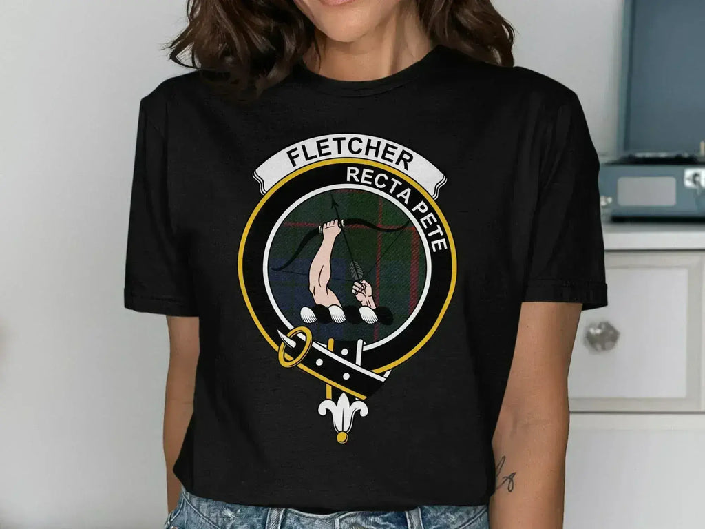 Fletcher Recta Pete crest design t-shirt — clan heraldic on cotton tartan background