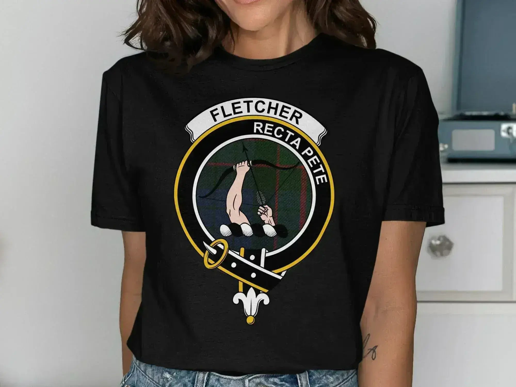Fletcher Recta Pete crest design t-shirt — clan heraldic on cotton tartan background